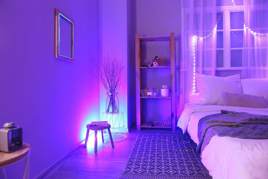 Modern bedroom with neon lights for added ambiance.