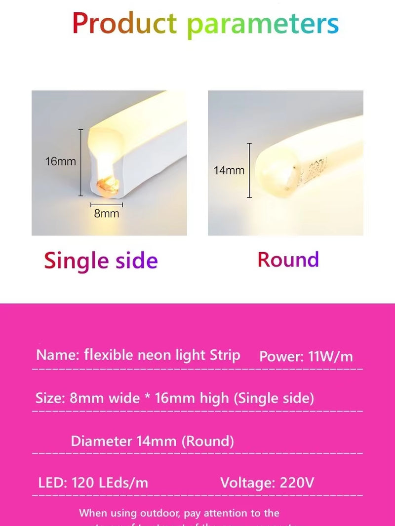 1M Flexible Neon Light Strips 220V LED Lamp 120Leds/M RGB Waterproof Cold-Proof Soft with EU Plug Outdoor Lighting Home Decor